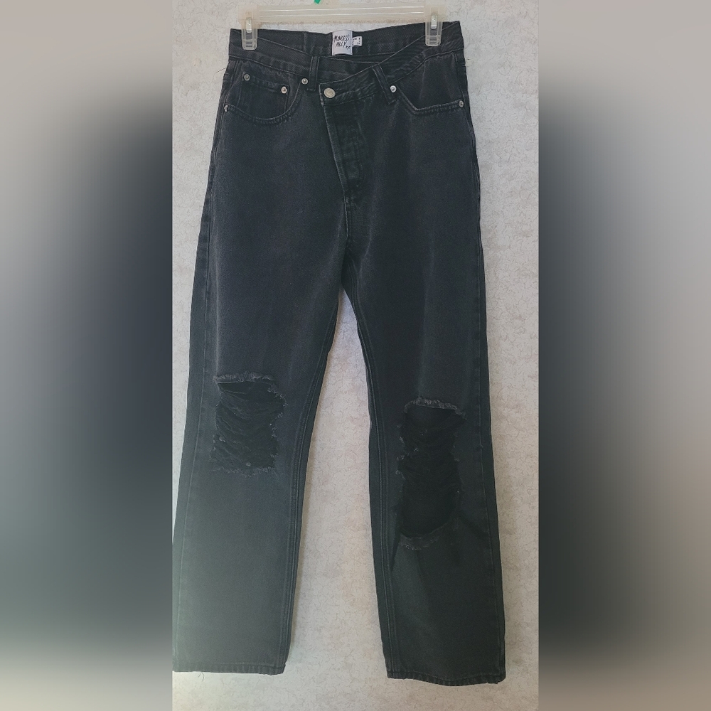 Princess Polly Crossover Waist Black Distressed Jeans Straight Leg 4